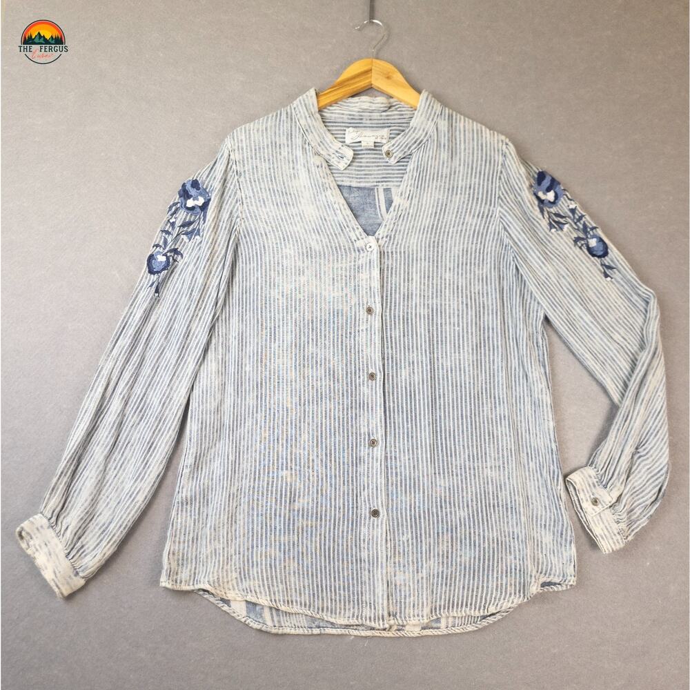 Vintage Havana Blouse Tunic Top Blue Striped Long Sleeve Cottage Women's Sz L